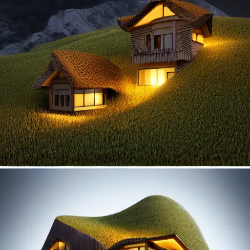 Image similar to small hillside house made of honey, modern lighting, hyper - realistic, hyper - detailed, 8 k, octane rendered, art nouveau, organic, flowing, impossible torsion, writhing, lush, dynamic