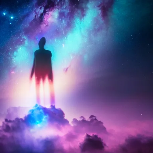 Prompt: a towering godlike apparition in the shape of a human, made of smoke and fog, backlit by pink, purple, red, blue neon lighting, nebulas, backround of stars and galaxies