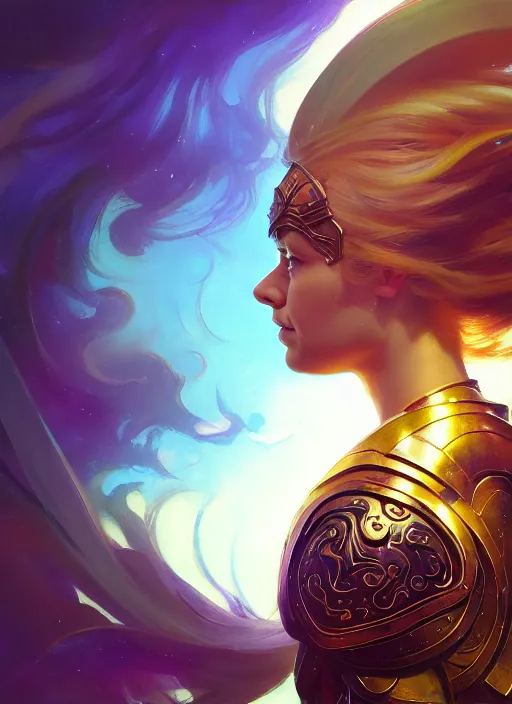 Image similar to side portrait, imogen poots, paladin, fantasy armor, gloomhaven, soft, smooth, luminescent, colorful swirly ripples, gaudy colors, by greg manchess, huang guangjian, gil elvgren, sachin teng, greg rutkowski, jesper ejsing, rhads, ilya kuvshinov, cushart krenz