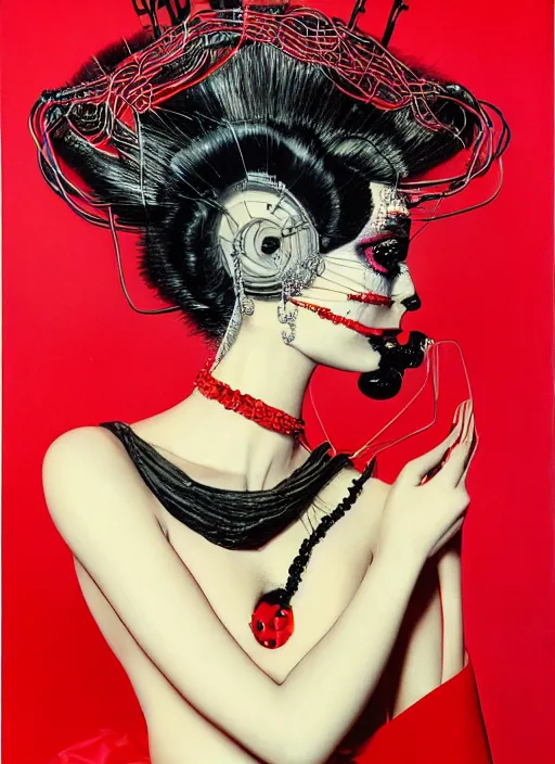 Prompt: an 8 0 s portrait of a woman with dark eye - shadow and red lips with dark slicked back hair, a mask made of wire and beads, dreaming acid - fueled hallucinations, psychedelic by serge lutens, rolf armstrong, delphin enjolras, peter elson, red cloth background, frilled blooming collar