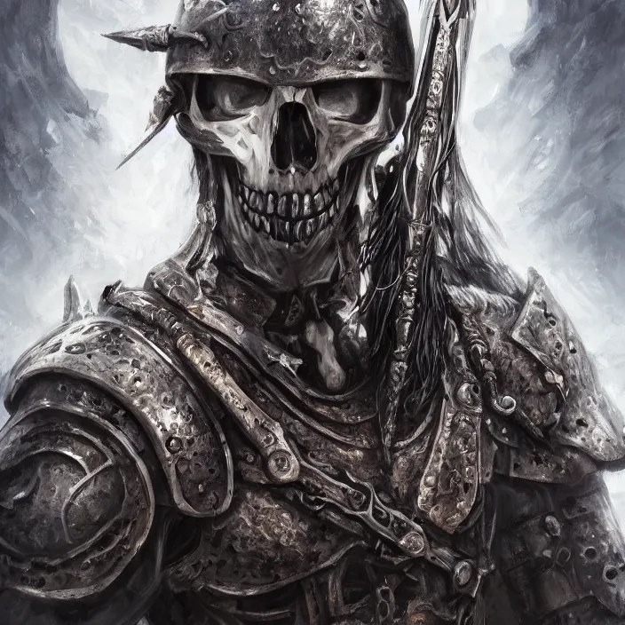Prompt: portrait of an ancient skeletal warrior in armor, fantasy art, 4 k, deviantart