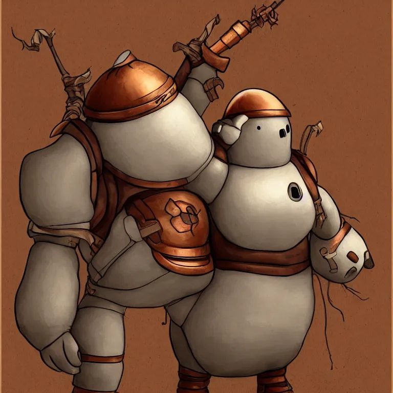 Image similar to a naive looking medieval fantasy baymax made out of wood and copper, digital art, trending on artstation