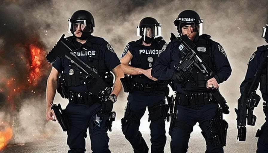 Image similar to big budget action movie about police and a demonic battle cyborg