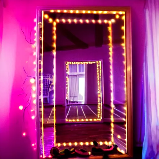 Image similar to looking inside at a fun house mirror, illuminated by florescent lights, dramatic, spooky, lighting fall off, infinite reflections
