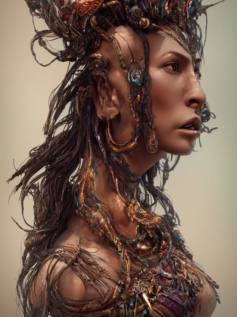 Image similar to a centered render of an alluring tribal goddess, full body, gorgeous face, perfect face, powerful, by android jones, by ellen jewett 3 d, trending on artstation, octane render, 8 k