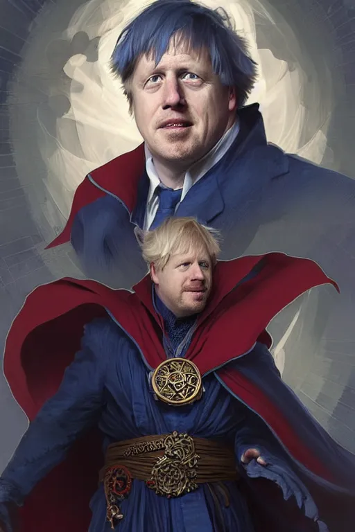 Prompt: Boris Johnson as Dr. Strange, highly detailed character in digital fantasy, oil painted portrait, artstation, concept art, hard focus, smooth, sharp focus, hyper realistic, illustrations, works by Artgerm and Greg Rutkowski, Alphonse Mucha and Craig Mullins, James Gene, Andrey Ryabovichev, Mark Simonetti and Peter Morbacher, 16 thousand