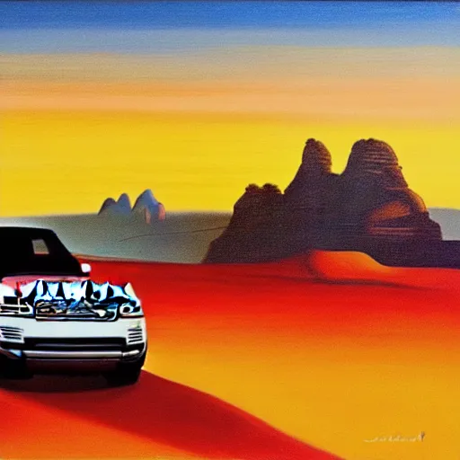 Prompt: a range rover in the desert with mountains in the back during a beautiful sunset in the style of Salvador Dalí, oil on canvas