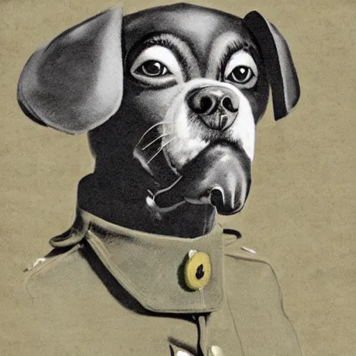 Image similar to anthropomorphized dog wearing ww2 raf uniform, artwork by John Singer + Thomas Lea + Tom Lea