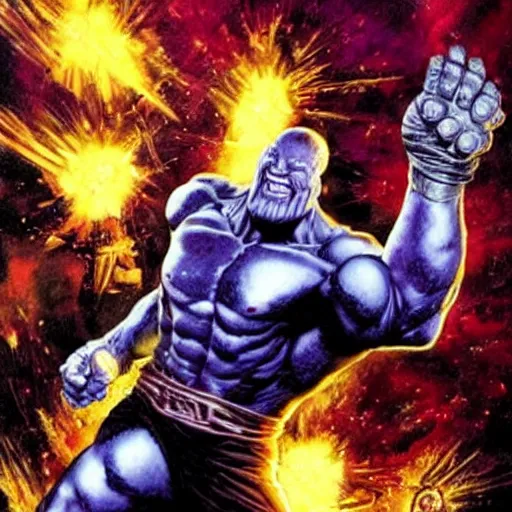 Image similar to by Simon Bisley, Thanos with the infinity gauntlet, 8k