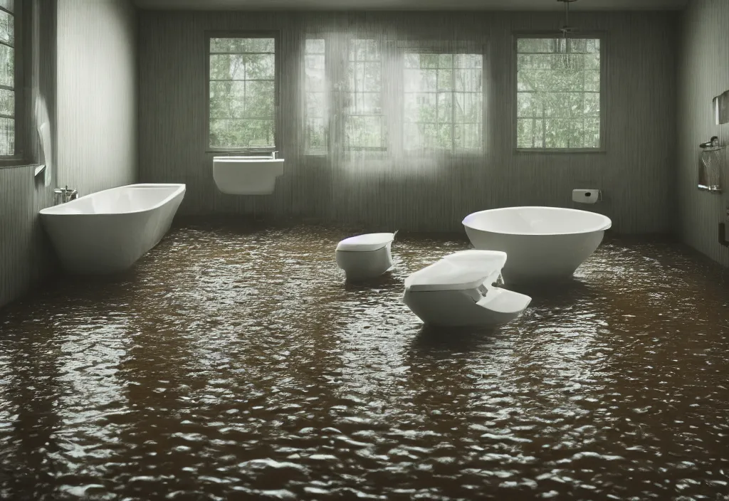 Image similar to kodak portra 4 0 0 photographic and realistic, interior of a bathroom, detailed, octane render, unreal engine, 4 k, artstation, hyper realistic, wide angle, floor flooded with beans, river, objects that float, 3 5 mm, sharp focus, soft light, volumetric light, in the style of gregory crewdson