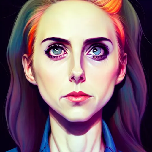 Image similar to loish, artgerm, Joshua Middleton art, Rafeal Albuquerque, pretty Alison Brie serial killer holding bloody knife in right hand realistic hand, blood on clothes and face, sarcastic smile, symmetrical eyes, symmetrical face, jean jacket, jeans, short blonde hair, middle shot, night time, deep blacks