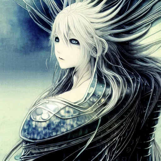 Image similar to yoshitaka amano blurred and dreamy realistic illustration of an anime girl with wavy white hair and cracks on her face wearing elden ring armour with the cape fluttering in the wind, abstract black and white patterns on the background, noisy film grain effect, highly detailed, renaissance oil painting, weird portrait angle