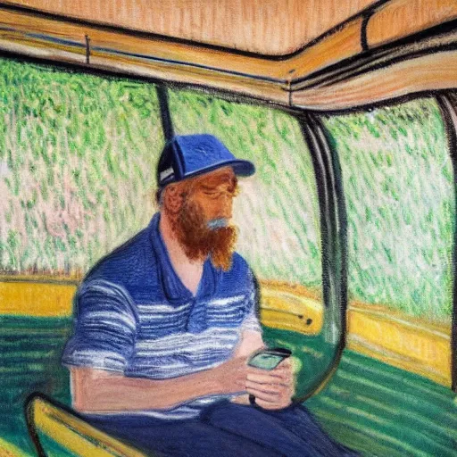 Image similar to guy with baseball hat and striped shirt siting in a bus and looking at his smartphone by monet