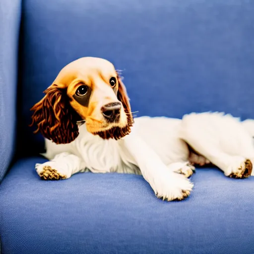 Image similar to a cute spaniel spread out on a plush blue sofa. Award winning photograph, soft focus, depth of field, rule of thirds, national geographic, golden hour, style of Vogelsang, Elke, symmetric
