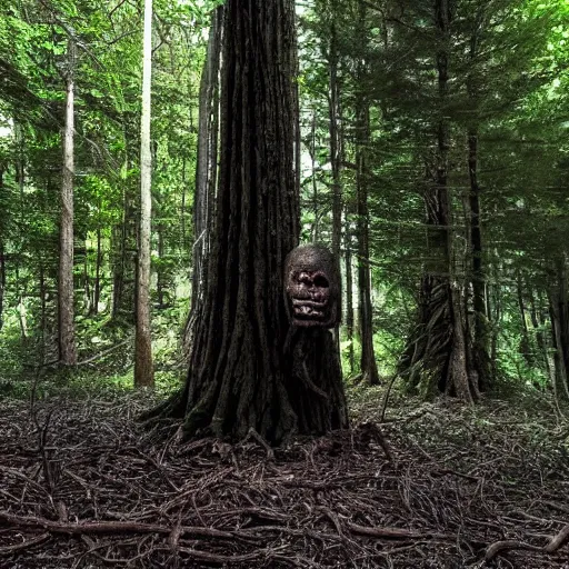 Image similar to a creepy creature in a forest, hiding behind trees