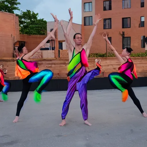 Prompt: acrobatic dance ensemble juggling rainbow fire