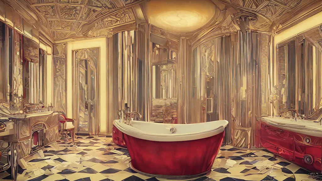 Prompt: art deco bathroom, photo, ultra detail, photoreal, professionally retouched, bright colors, wide angle, 8 k high definition, insanely detailed, intricate, elegant, art by artgerm and wlop