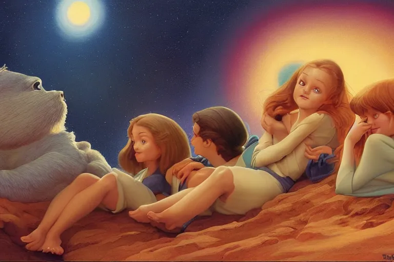 Image similar to beautiful painting of friends, beautiful faces, sitting on the edge, cute, soft light, digital painting by ralph mcquarrie and benoit b mandelbrot and franklin booth