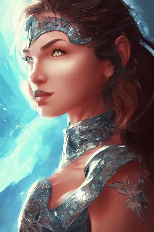 Image similar to three quarters portrait pose of a beautiful woman, strong body,super heroine costume,super powers, fantasy, intricate, elegant, highly detailed, digital painting, artstation, concept art,shining, sharp focus, illustration, art by Stanley Lau