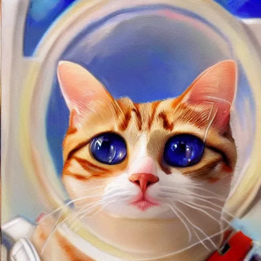 Prompt: A cat with beautiful blue eyes in a space suit flying over the Earth, oil painting, concept art, trending on artstation