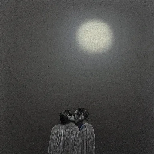 Image similar to “ close up of two men looking up the sky. the sky is totally black. art by zdzisław beksinski ” — w 1 9 2 0 — h 1 4 4 0 — steps 5 0