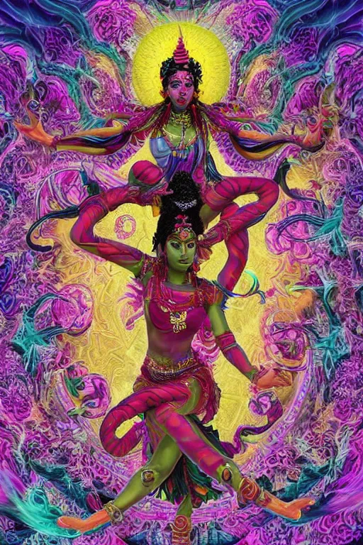 Image similar to overdetailed maximalist fullbody portrait of a beautiful female energy being reminds to kali with many arms, dancing and transcending to her true form while floating over a surreal landscape. Made by oozium, inspired by luminokaya, overworked by yuvrajimaginaria. 8k 3d realistic render. Bright, sacred, spiritual, dawn, backlit, calm, relaxed, dynamic, ethereal, arcane, intricate, mysterious, dramatic, cinematic. Seen from below. Overpaint in Indian tapestry style