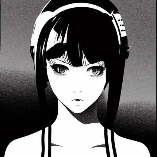 Image similar to an ink drawing of a tech punk girl by ilya kuvshinov, black and white