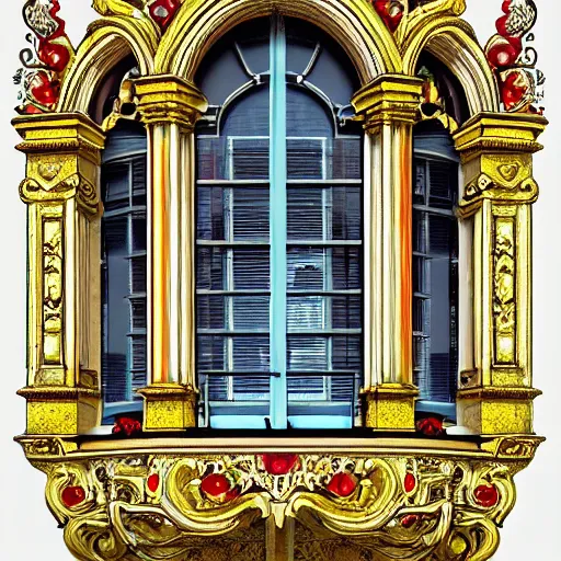 Prompt: digital illustration of a beautiful window open front view, complete window!, realis aesthetic, achenbach, andreas, angelico, fra, bellotto, bernardo, ornate, russian style, colorful architectural drawing, behance contest winner, vintage frame window