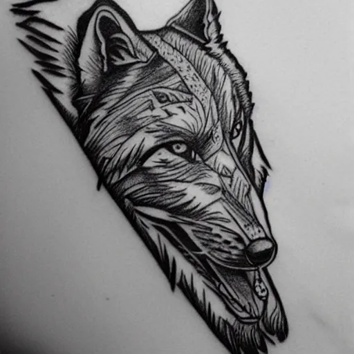 Prompt: tattoo stencil. pencil line drawing, black and white, wolf