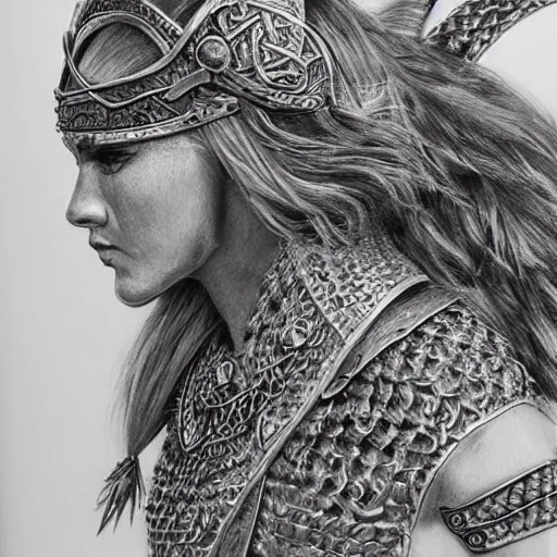 Prompt: hyper realistic pencil drawing of a viking princess, intricate detail, beautiful, battle armor, war, fight, light, dragon, colorful