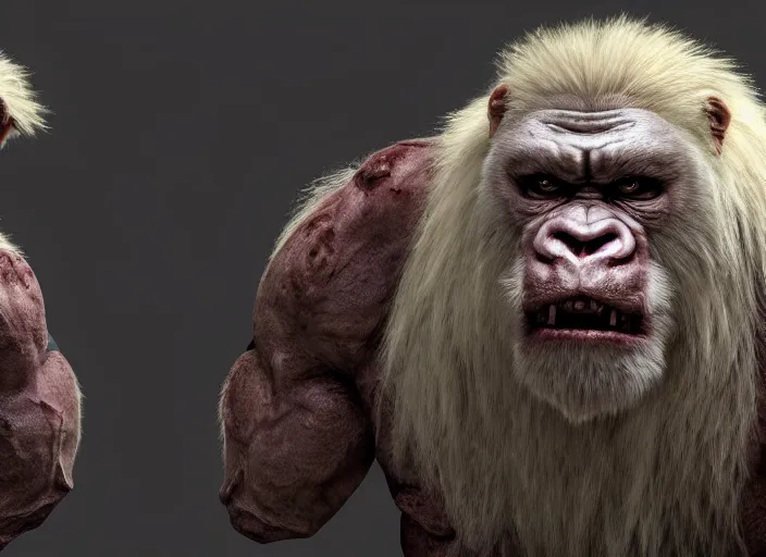 Image similar to extremely scary angry old tough rough looking albino warrior gorilla. scars, scary, gruffness, interesting 3 d character concept by square enix, in the style of league of legends, hyper detailed, cinematic, final fantasy, character concept, ray tracing, fur details, maya, c 4 d, artstation