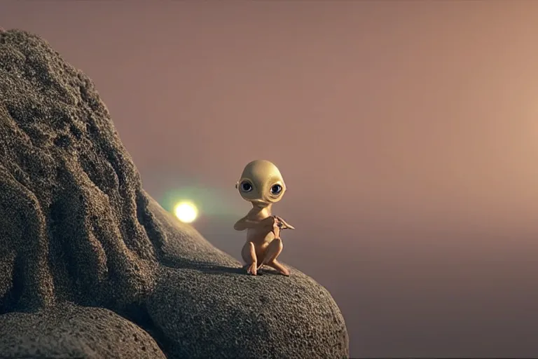 Image similar to vfx movie scene closeup adorable tiny little baby alien creature in moon desert eating a rock. by emmanuel lubezki