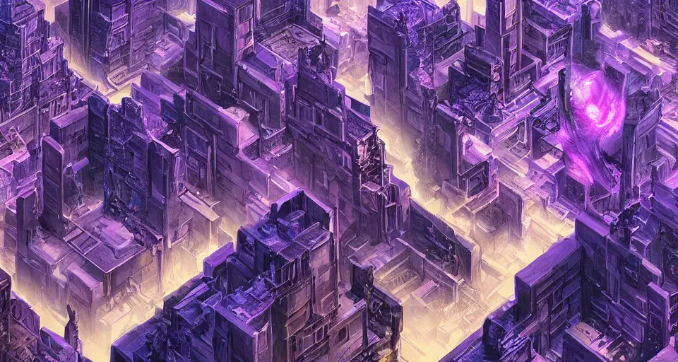 Image similar to Sci-fi wallpaper of an alley in a desert city, view from the top, purple color-theme, cinematic, science-fiction art wallpaper, stunning digital art