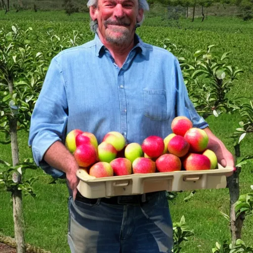 Image similar to a man holding 25 apples in his left hand while standing on a ladder in an orchard