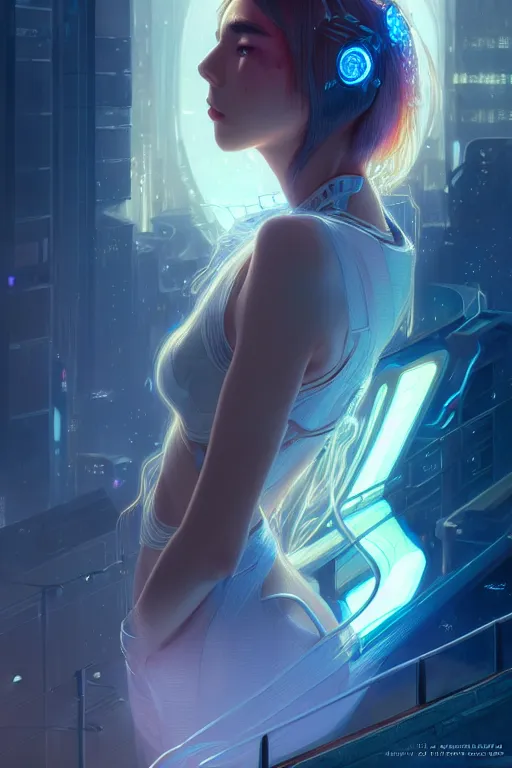 Image similar to portrait futuristic wizard Girl with thunder and fire sparkles and starlight, n future cyberpunk tokyo rooftop , ssci-fi, fantasy, intricate, very very beautiful, elegant, human anatomy, human structure, neon light, highly detailed, digital painting, artstation, concept art, smooth, sharp focus, illustration, art by tian zi and WLOP and alphonse mucha