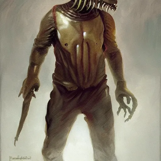 Image similar to a realistic painting by Raffaello Sanzi depicting Jason Voorhees with the head of the symbiotic Xenomorph in the futurism Renaissance era ,smooth,Sharp focus, realism, trending on Artstation,Art by Greg Rutkowski and Alphonse Mucha