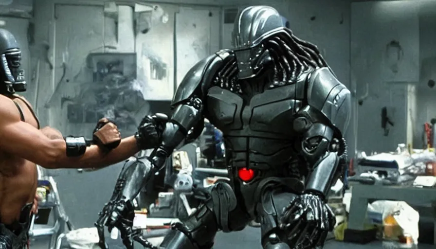 Image similar to big budget movie about robocop fighting the predator.