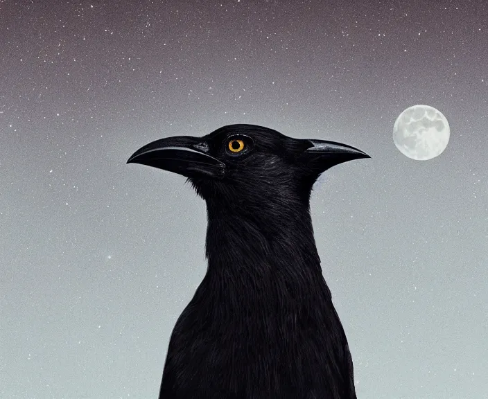 Image similar to a hyper-detailed movie poster, , close-up portrait of a crow flying above a tree in front of the full big moon; an extraordinary masterpiece!!!; flawless; proud posture; photorealistic eyes; trending on artstation; f/1.4; 90mm