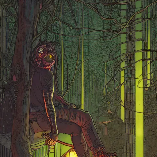 Image similar to Stunningly intricate illustration of single cyberpunk explorer overlooking lush forest, highly detailed, midnight, small glowing orbs by Moebius,