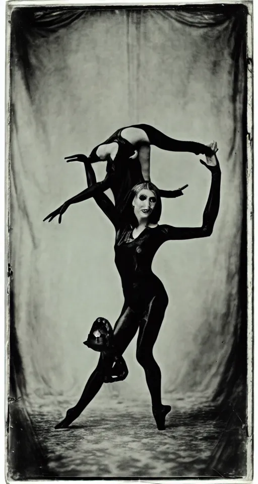 Image similar to wet plate photograph, portrait of Olivia Newton John performing satanic occult dance, Aleister Crowley illustrations on graph paper in the background, 1850