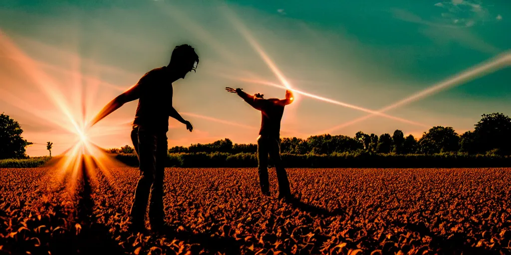 Image similar to the sunset's light beam, tom holand, action pose, outside in a farm, medium close up shot, depth of field, sharp focus, waist up, movie scene, anamorphic,