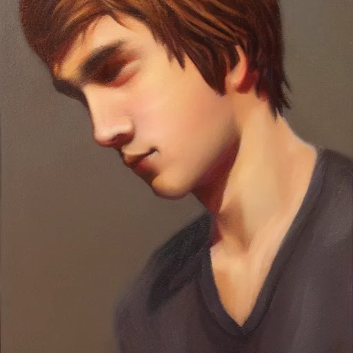 Prompt: beautiful oil painting of a teenage boy with short side part light brown hair and brown eyes