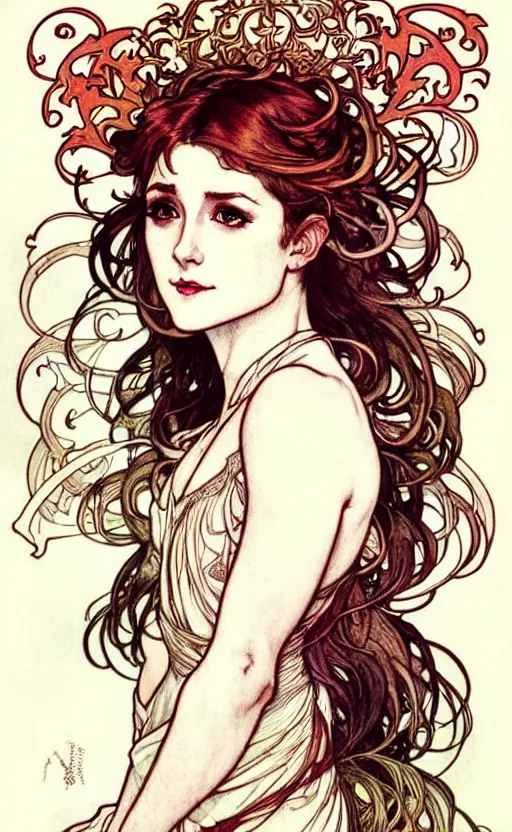 Image similar to in the style of artgerm, arthur rackham, alphonse mucha, evan rachel wood, symmetrical eyes, symmetrical face, flowing white dress, hair blowing, full body, intricate filagree, warm colors, cool offset colors