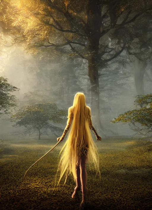 Image similar to magical forest with gold and silver leafs, music, girl with blond long hair back view, elves, lord of the rings style, ultra detailed, trending on artstation, concept art, octane render, unreal engine,