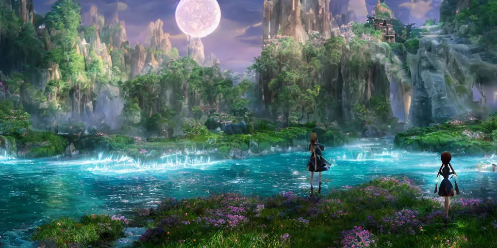 Image similar to beautiful and immersive magical town, magical buildings, bioluminescent forest surrounding, gentle rivers flowing through town, award - winning - anime style - cinematic lighting, dramatic lighting, hdr, 4 k, stunning and beautiful view - unbelievably amazing - highly detailed, hyperrealistic, in the style of kingdom hearts and avatar, 3 d - unreal engine 5, anime visuals