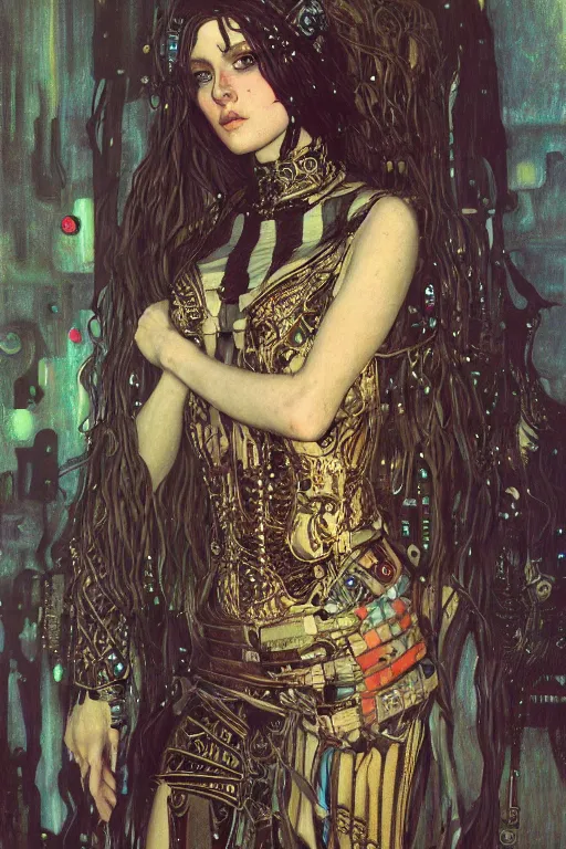 Image similar to portrait of beautiful young gothic maiden, cyberpunk, Warhammer, highly detailed, artstation, illustration, art by Gustav Klimt