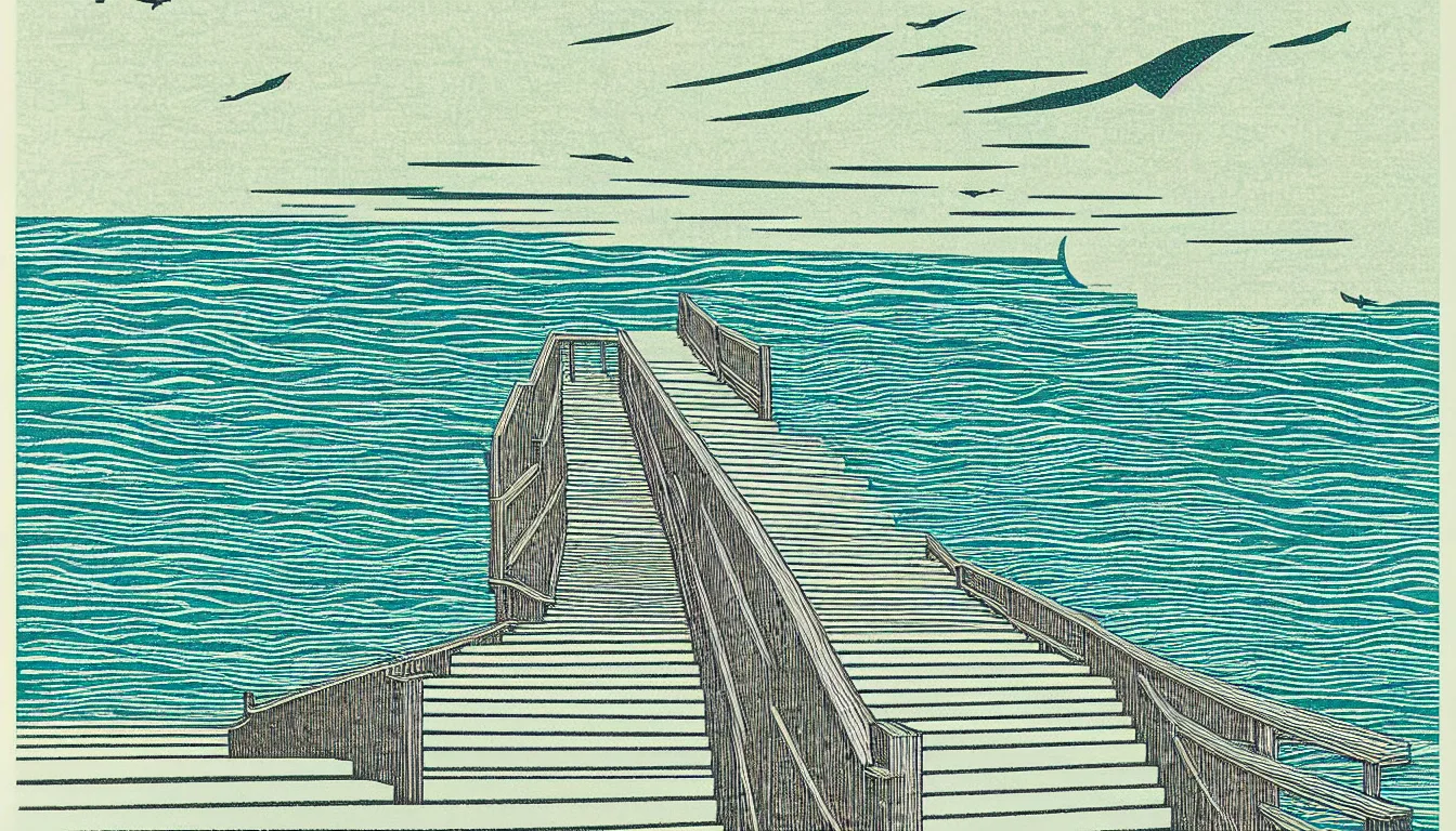 Prompt: stairs down to the ocean by woodblock print