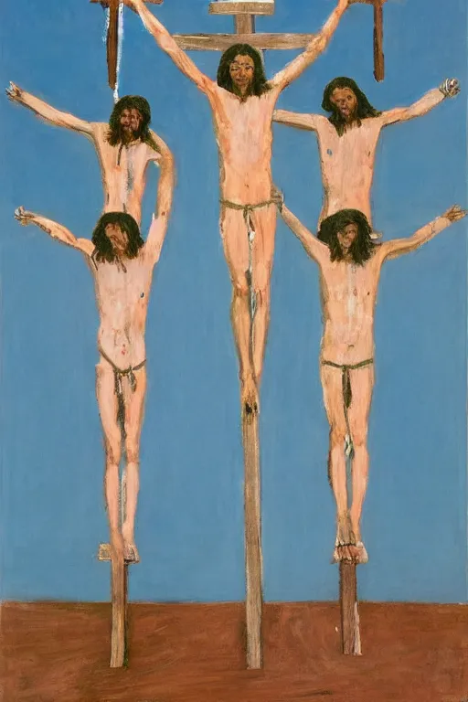 Prompt: bloody jesus christ crucified painted by cy twombly and alex katz