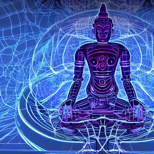 Image similar to robotic lifeform buddha meditating in front of a beautiful fractal neural network :: depth of field