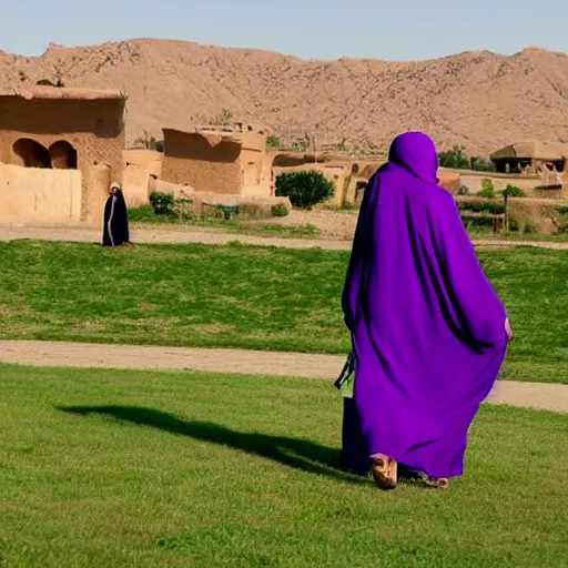 Prompt: low shot photo of feminine and lean arab woman wearing a long purple dress, wearing burqa, strutting, with najdi mud houses in the background, in the style of annie leibovitz amd steve meiele